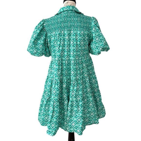 Hyacinth House Shirt Mini Dress Geo Floral Graham Mint Green Cotton Women Size M - Picture 3 of 8